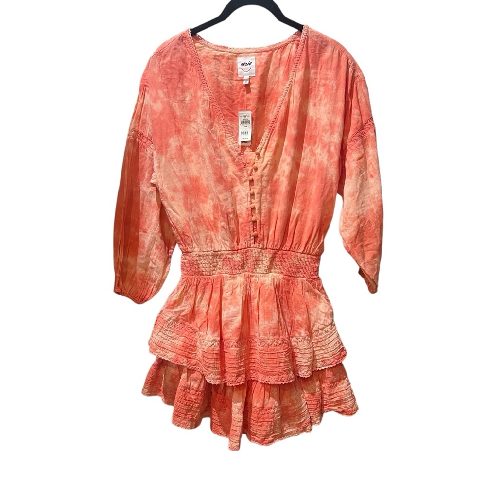 Aerie Peach Tie Dye  3/4 Sleeve Smocked Tunic Mini Dress Size Small